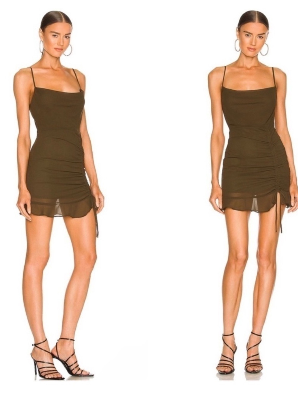 Olive Drawstring Ruched Mini Dress with Cowl Neck
